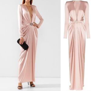 ALEXANDRE VAUTHIER Ruched Crystal Embellished Silk Maxi Dress in Blush Sz 4 US